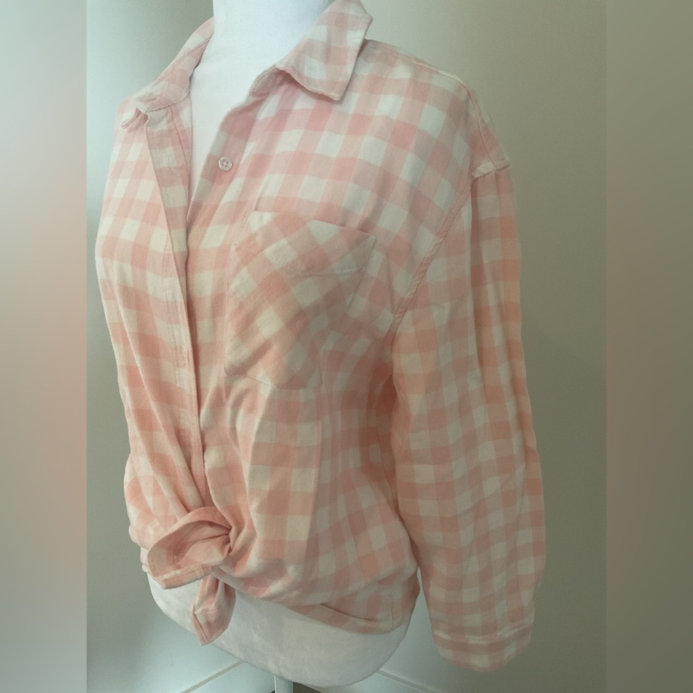 Cleo CasualPink & white checkered button-down flannel shirt.